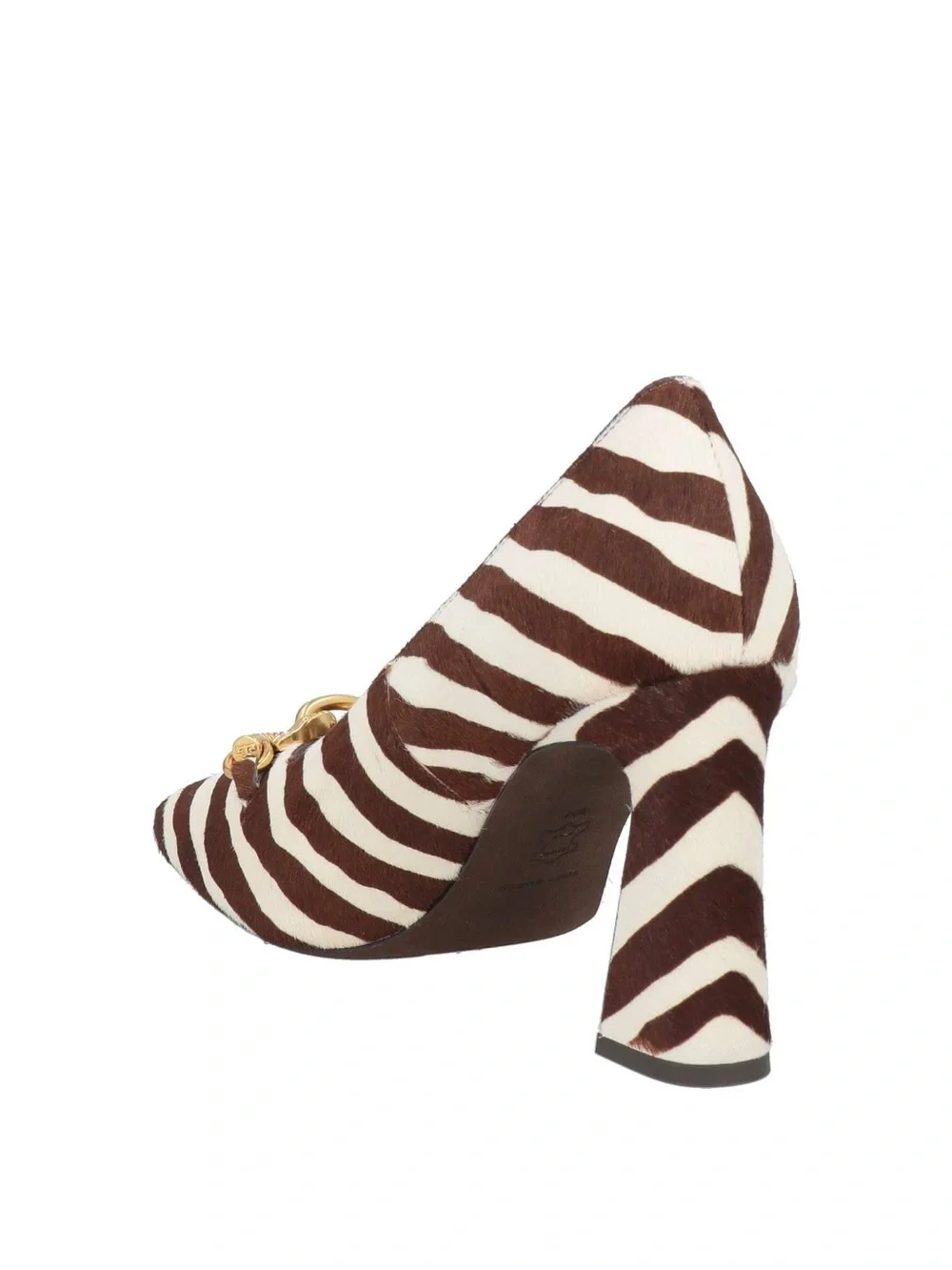 Tory Burch brown and ivory calf hair zebra print pumps with gold chain link